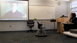 Photo by Jeanne Robinson. Author Lori Shenher Skypes in to the classroom. 