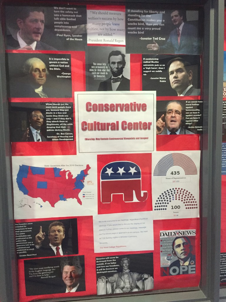 The poster states "We invite everyone to our meetings, regardless of political ideology. If you would like to discuss the display or our stances further, please come to our meetings, message our Facebook page or approach us on campus. We meet at 7:30 Sunday nights in Whitaker Commons. Sincerely, The Hood College Republicans." 